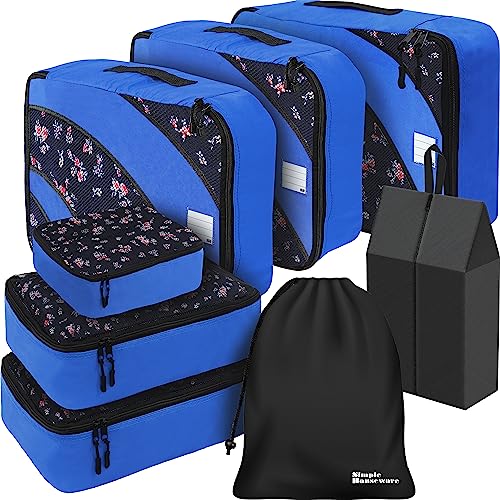 Simple Houseware 8-Set Packing Cubes for Travel, Luggage Organizer with Laundry Bag, Shoe Bag & Clear Pocket Label, Blue