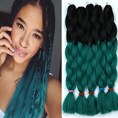 Yonova Two Tone Ombre Jumbo Braid Hair Extensions 32inch 5pcs/Lot Synthetic Kanekalon Fiber Braiding Hair 165g/pc (Black/Dark Green)
