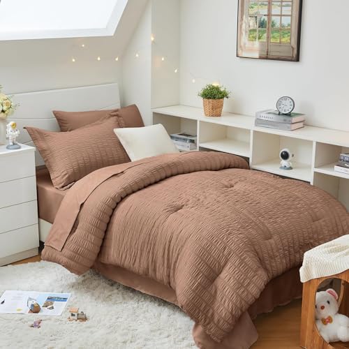 Image of HYMOKEGE Mocha Mousse Twin XL Comforter Set Seersucker 5 Pieces, All Season Luxury Bed in a Bag for Bedroom, Bedding Set with Comforter, Sheets, Pillowcase & Sham