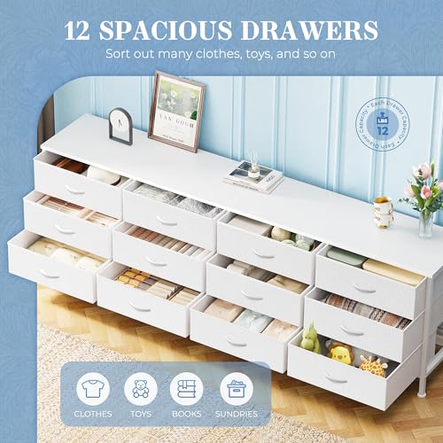 Huuger 70 Inch Dresser for Bedroom, TV Stand for 65, 75, 80 Inch TV, 12 Fabric Drawer Long Dresser, Large Storage Organizer Unit, Wide Chest of Drawer with Storage, for Living Room, White