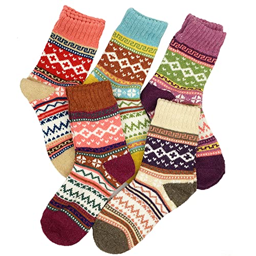 Image of 5 Pairs Vintage Winter Women Socks Warm Thick Knitted Soft Wool Socks Christmas Gifts Cozy Crew Socks
