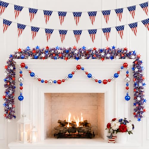 Image of Patriotic Decor Set, 2 Pack 9.8FT Tinsel Garlands, 9.8FT Bead Garland & 26FT Triangle Pennant Banner with 25 Flags, 4th of July Decorations Garland, Patriotic Garland for Mantle