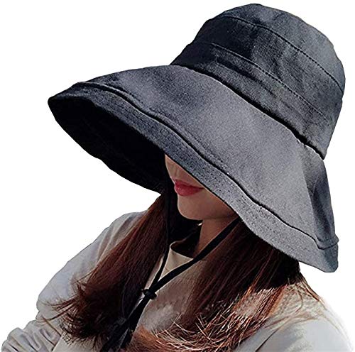 MAKFORT Sombrero de playa para mujer Sombrero de verano plegable de ala ancha Capeline Beach Sombrero de cubo Sombrero de jardín SPF UPF50, Negro , Talla única