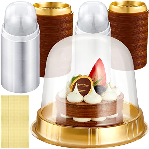 Mimorou Individual Cupcake Boxes Clear Plastic Cupcake Containers Disposable Single Holder with Lid Tall Cake Carrier 5.3 Inch Diameter 4.3 Inch Height with Stickers for Wedding(Gold,200 Pcs)