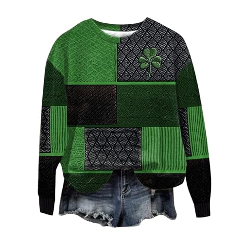 Sudadera de manga larga para mujer, de gran tamaño, con estampado retro de trébol, sin capucha, para mujer, Negro, L