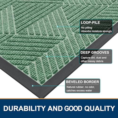 Image of Smiry Front Door Mat Outside Entrance, Heavy Duty Sturdy Natural Rubber Doormat, Trap Dirt and Moisture, Easy Clean Low Profile Mats for Indoor Outdoor Entry, Irregular Triangle (29.5x17, Mint Green)