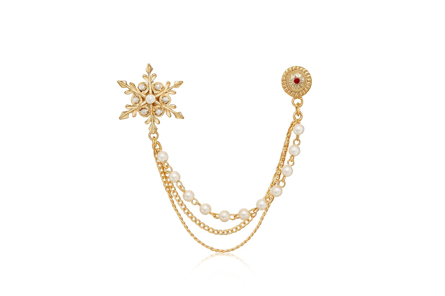 Men’s Premium Gold Lapel Brooch with Triple Chain & Pearls | Suit, Blazer, Sherwani Coat Pin for Wedding & Party