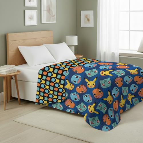 Image of Northwest Pokemon Striped Favorites Full /Queen Quilted Blanket, Cozy Fantasy Bedding for Gamers, Kids & Adults, Throw for Bedroom, Sofa, or Game Room Decor, 90 x 90 Inches
