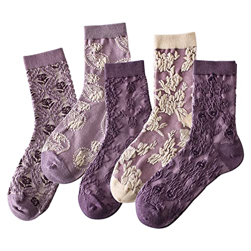 Image of 5 Pack Cute Womens Floral Socks, Vintage Embroidered Frilly Floral Ankle Cotton Cottagecore Socks