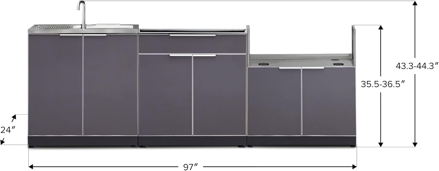NewAge Products Outdoor Kitchen Storage Aluminum 97" W x 24" D 4 Piece Set, Slate Gray Includes Insert Grill & Sink Cabinet with countertops 65258