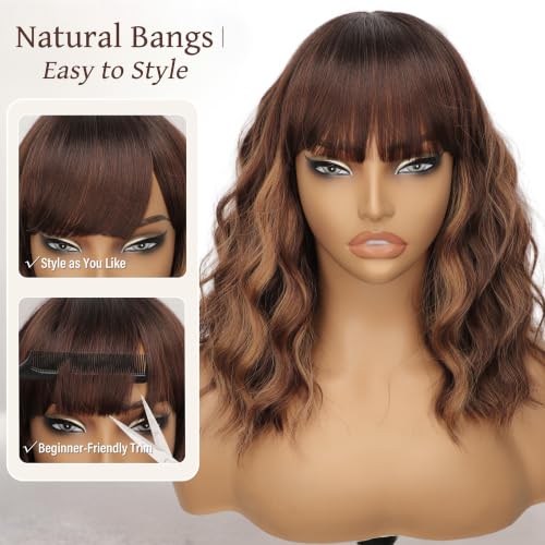 Image of Nnzes Short Wavy Bob Wig with Bangs for Women Shoulder Length Curly Ombre Brown Highlight Synthetic Heat-Resistant Fiber Hair for Daily & Party Use