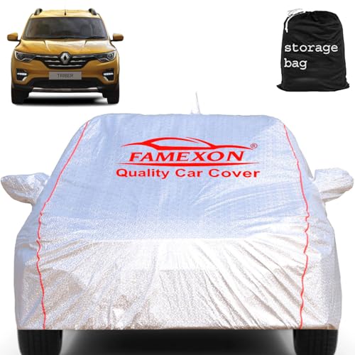 Image of Waterproof Car Body Cover with Mirror Pocket Compatible for Renault Triber Triple Layer Inner Fabric & Pipein Design Protects from Animals, Heat, Rainfall (Metallic Silver)