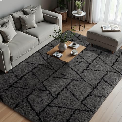 Zentavio Area Rugs for Living Room Large Rugs for Bedroom 6x9 Carpet Fluffy Fuzzy Soft Shag Aesthetic Plush High Pile Gray Throw Rug for Nursery Kids Room Dorm Triangle Grey