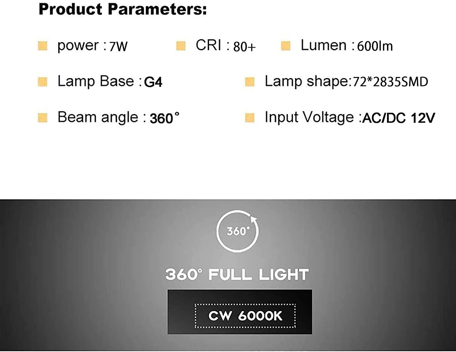 G4 Bombilla LED, 7W Regulable 72LED Beads 600LM 2835SMD g4 Bi-pin Luces Led Bombillas de maíz AC 12V Ángulo de haz de 360 ° para la iluminación del paisaje del hogar, Paquete de 7,Cold white