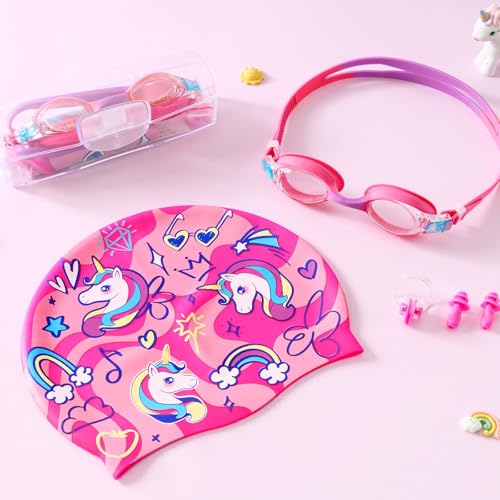 Image of Girls Unicorn Swim Cap and Goggles Set Waterproof Bathing Pool Swimming Caps Comfortable Kids Mermaid Unicorn Swimming Hats for Long and Short Hair (Unicorn Set)