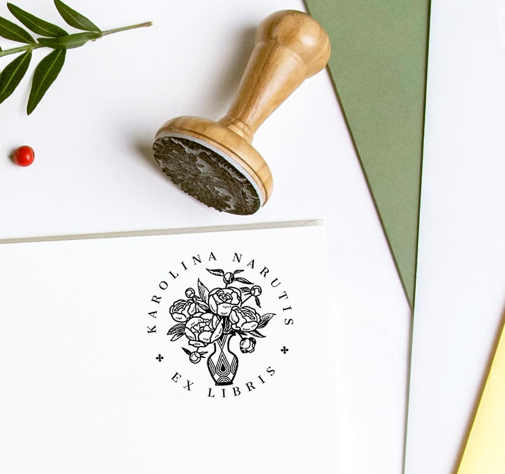 Peonia Fiori in Vaso Ex libris Timbro Personalizzabile, Mazzo Bouquet di Peonie Capolini Boccioli Fiori, Fatto a Mano Regali in Scatole Regalo