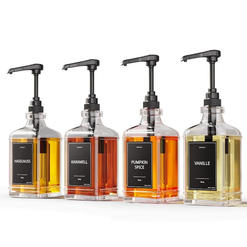 GREYMOUNT ® Sirup Spender Set - 4er Pack 500ml Pumpspender für Sirup aus Glas mit Dosierpumpen Schwarz für Kaffee, Cocktails und mehr | Inklusive 48 Etiketten und Trichter