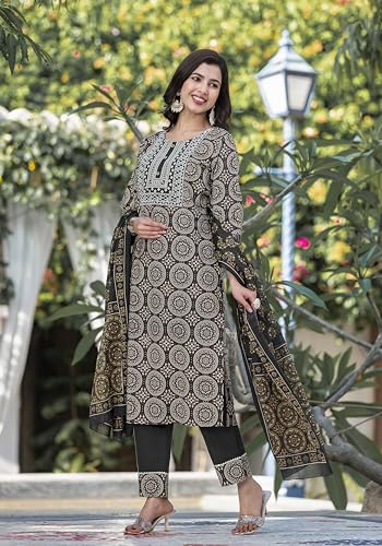 Image of MIRCHI FASHION Women's Straight Fit Pure Cotton Embellished Floral Printed Kurta Set with Dupatta and Trouser