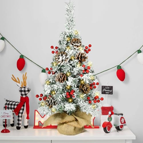 Mini árvore de Natal artificial com luzes LED, árvore de Natal de mesa de 53 cm com frutas vermelhas