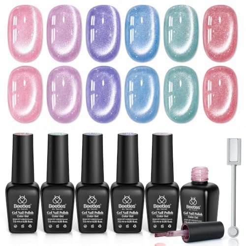 Image of Beetles Romantic Galaxy Cat Eye Gel Nail Polish Set - 6 Colors Glitter Gel Polish Kit Pink Blue Purple Red Green Velvet Gel Magnet Soak Off UV French Nail Art Manicure Spring Summer Gift for Women