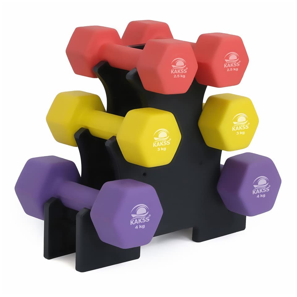 KAKSS Supreme Quality Neoprene Dumbbell With Stand 19Kg(2.5kg+3kg+4kg N #Pair)