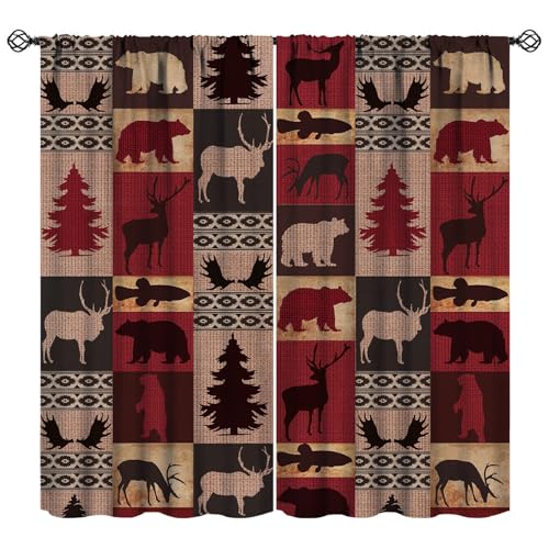 ShiTingYu Cortinas retro rústicas de oso salvaje, cabaña de pino, tratamiento de ventana para dormitorio, cocina, sala de estar, cortinas de estilo rústico vintage, 2 paneles, rojo y marrón, 52 x 84