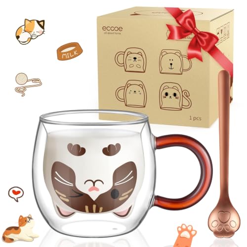 ecooe Katzen Tasse Süße Doppelwandige Gläser 280ml Latte Macchiato Gläser Cappuccino Tassen Katze Kaffeetasse Doppelwandig Kaffeeglas… – Ansicht 1