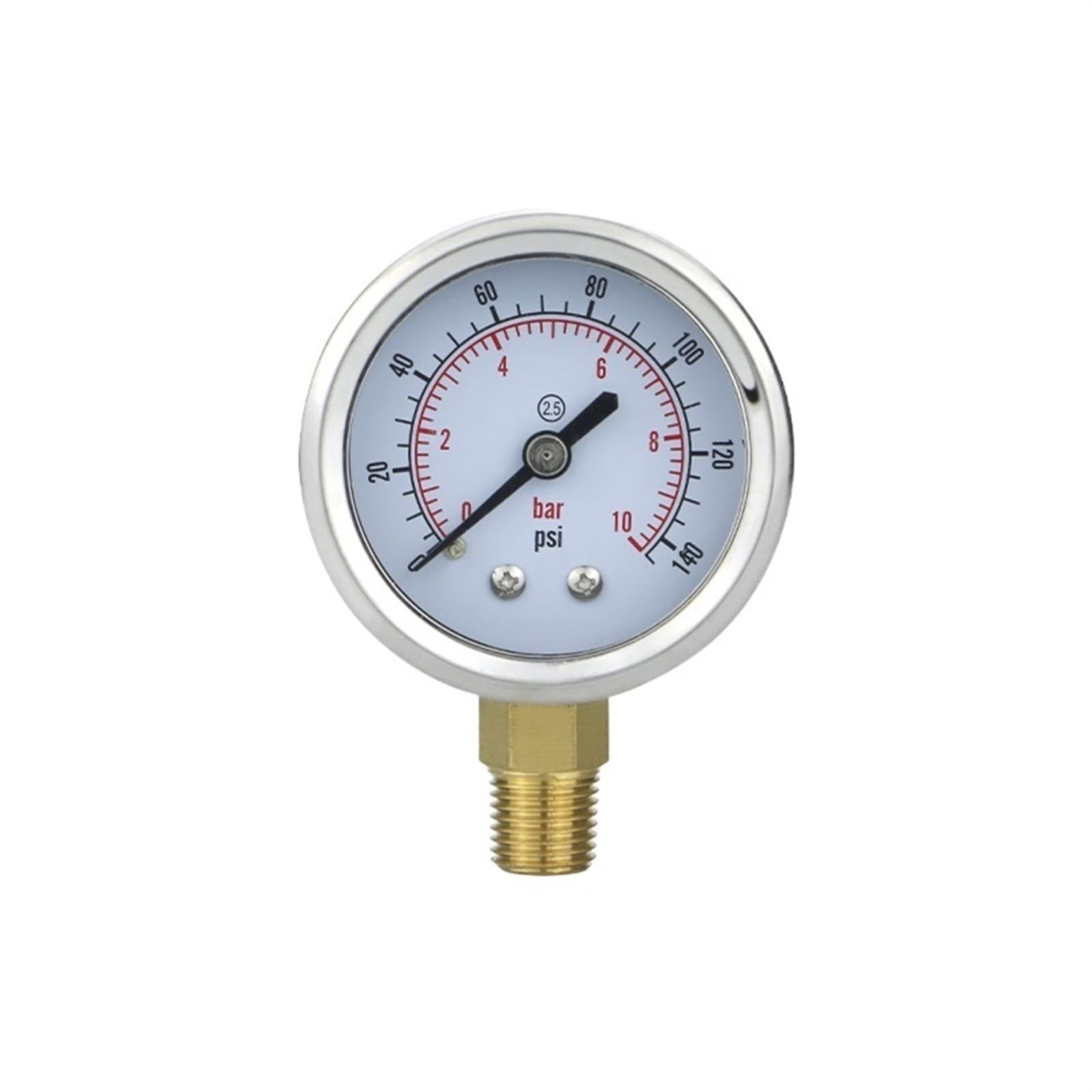 Manometr 50 mm (2"), dokładność 2,5%, 0...1...400 bar/psi, przyłącze gwintowane mosiężne, manometr ciśnienia wody, gazu, paliwa (kolor: BSP(G) 1-4 z olejem, rozmiar: 0-100 bar)