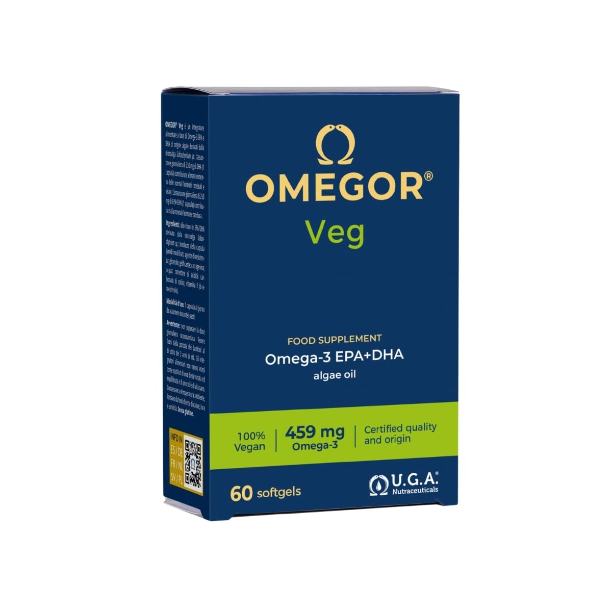 Vegan Omega 3 OMEGOR Veg - Algae Oil Omega3 Capsules Certified by IFOS and Vegan Society - 250mg EPA and 125mg DHA with Vitamin E (60 Caps)