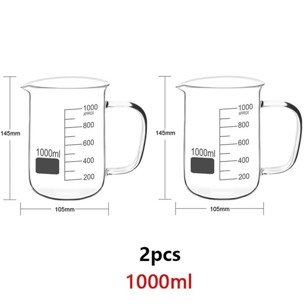 Vaso medidor de Vidrio de borosilicato asa, Vaso medidor de Laboratorio, Ideal para Cocina, 1 Unidad (1000 ml, 2 Unidades)