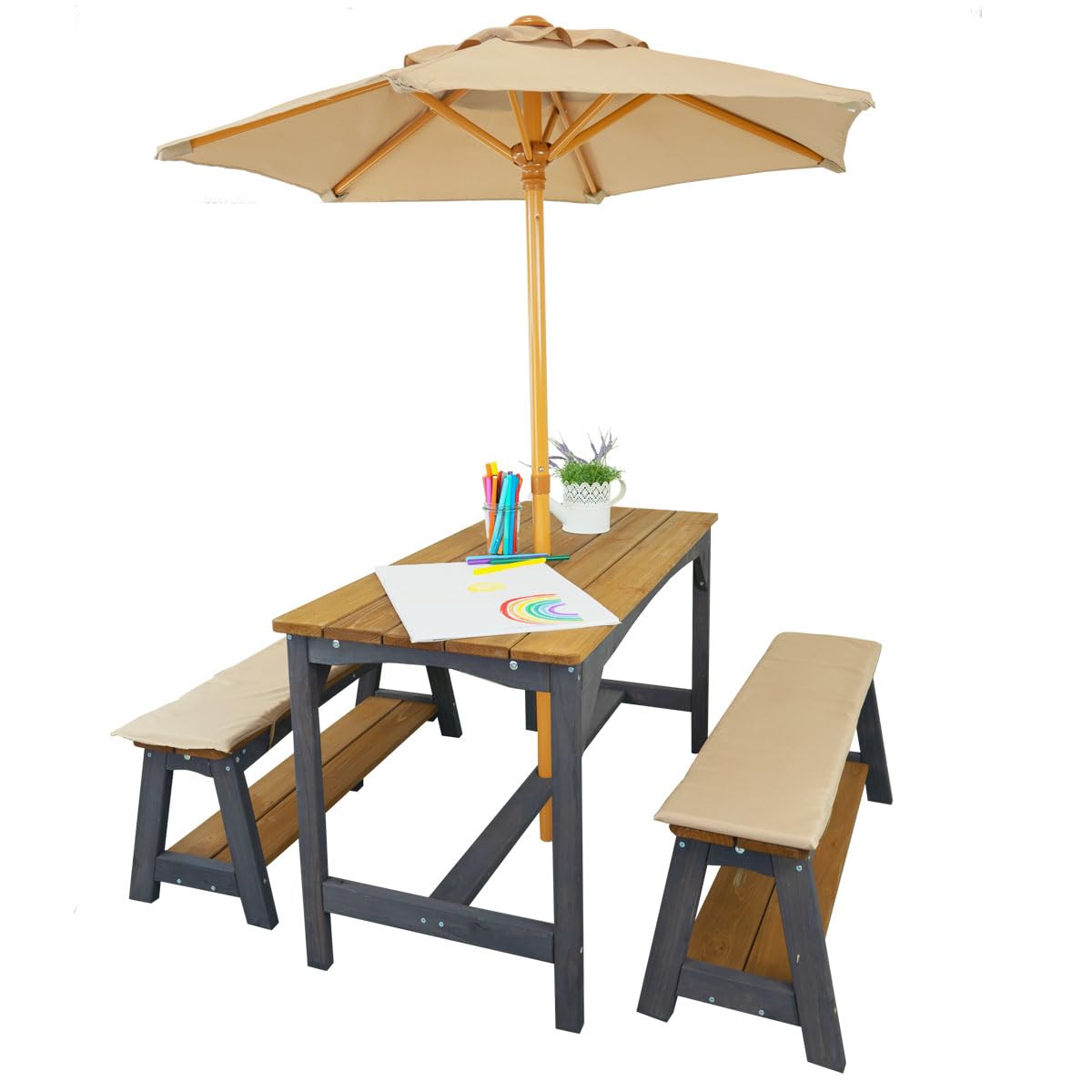 Meppi Salon de jardin Amrum avec parasol marron/anthranzite en bois - Salon pour enfants