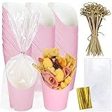 Whaline 50Pcs Pink Charcuterie Cups with Bamboo Sticks Plastic Treat Goodie Bags Gold Twist Ties 14oz French Fries Cup Holder for Home Kitchen Wedding Baby Shower Birthday Party
