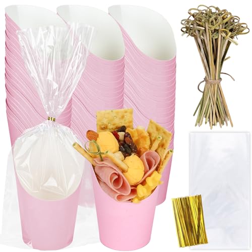 Whaline 50Pcs Pink Charcuterie Cups with Bamboo Sticks Plastic Treat Goodie Bags Gold Twist Ties 14oz French Fries Cup Holder for Home Kitchen Wedding Baby Shower Birthday Party