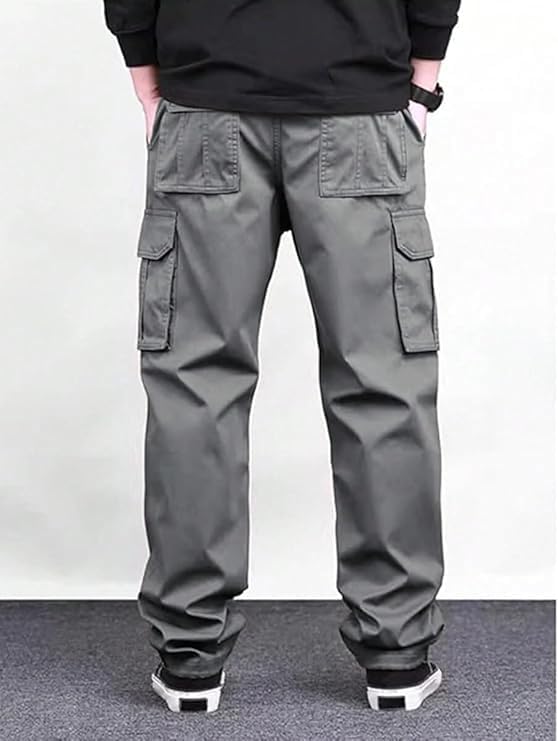 Image of Men's Cotton Cargo Pants for Men | Relaxed Loose Fit Drawstring Waist Cargo Trousers | Multi Pocket Casual Utility Pants for Outdoor, Travel