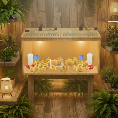 QVVCOOP Brooder Box for Chicks, 32 Inch Large Wooden Chicken Brooder Box with 75W Heat Lamps, Thermometer, Chicken Feeder & Waterer Set, Tin Foil, Ideal for 12-15 Newborn Chicks Ducks Quails, Large — view 7