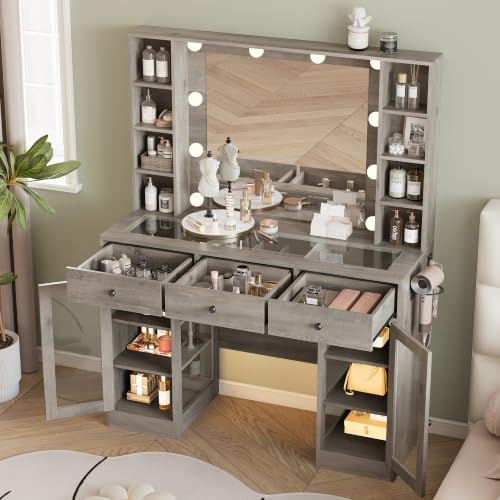 Image of Wodeer Makeup Vanity Desk with Mirror and Lights, Grey Vanity with Glass Top, LED Lights & Power Outlet, 3 Drawers & 2 RGB Glass Cabinets, Adjustable Lighted Dressing Table for Women & Girls Bedroom