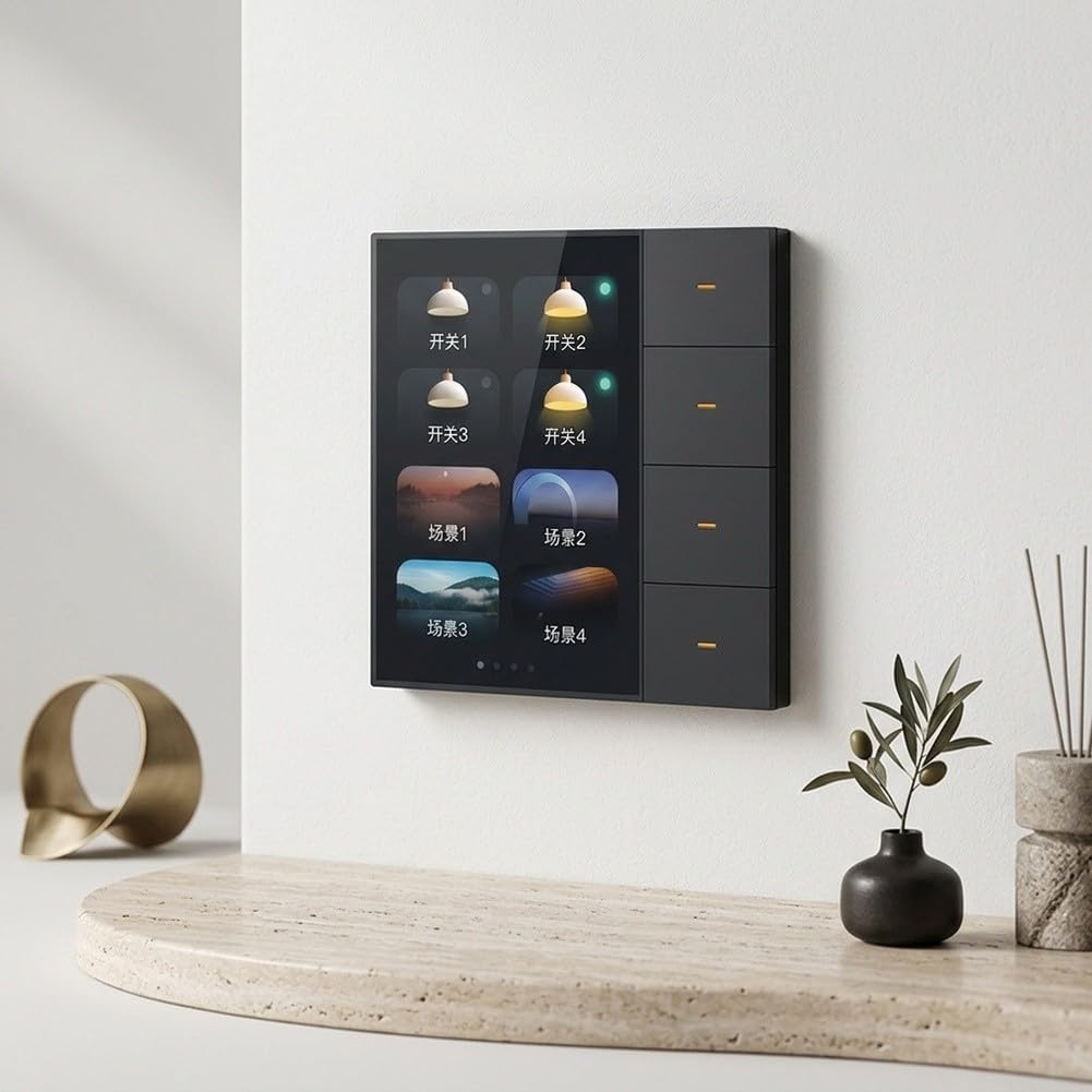 per Tuya per zigbee Smart Wall Switch Display 3,5 pollici 4 gang 8 modalità scenario dimmer tenda controller per domotica (nero)