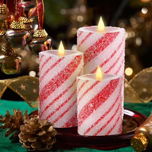 Image of Baquler 3 Pcs Christmas Flameless Candles Pastel Candy Cane LED Pillar Candle Peppermint Glitter Red and White Battery Operated Candlestick for Xmas Party Holiday Table Home Decoration(Thin Stripe)