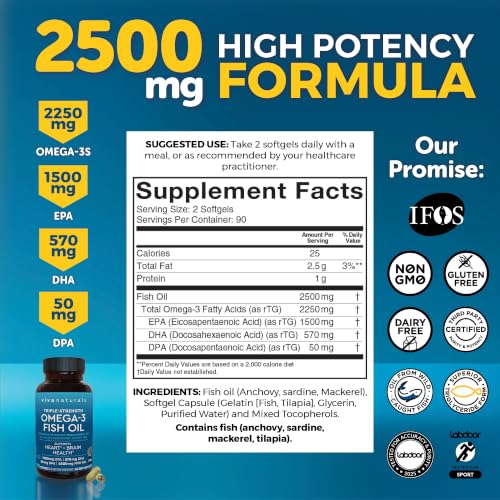 Image of Omega 3 Fish Oil Supplement for Women and Men - 2500 mg Triple Strength Fish Oil per Serving with Omega 3 Fatty Acids Including EPA, DHA DPA - 180 Pescatarian-Friendly Softgels