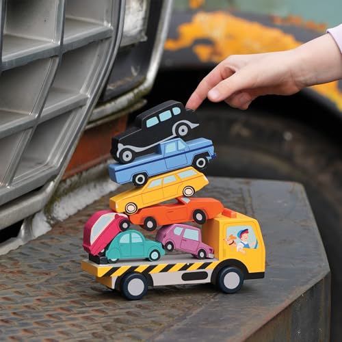 Image of Tender Leaf Toys - Stacking Cars - 7 Wooden Stacking Toy Cars and a Wheeled Truck for Toddler Boys and Girls - Boost Fine Motor Skills and Hand-Eye Coordination - Great Gift for Car Lovers - Age 18m+