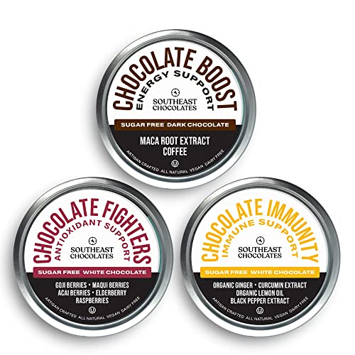 Southeast Chocolates Big Tin Assorted Pack (Sugar-Free Chocolate Booster, Fighter and immunity Bites) – Support Physical Endurance and Memory Concentration – Vegan, Non-Gmo, Soy-Free and All Natural (3 Pack/36 Bites ea.)