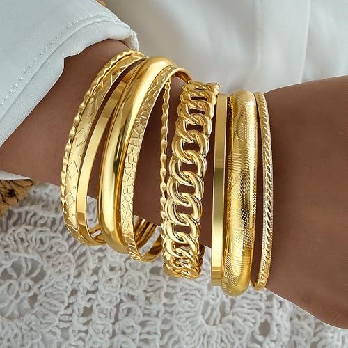 ÌF ME Gold Bangle Bracelets for Women, Indian Bangles Stackable Set, Multi Layer Textured 14K Gold Plated Chunky Bracelets Boho Jewelrys Set2