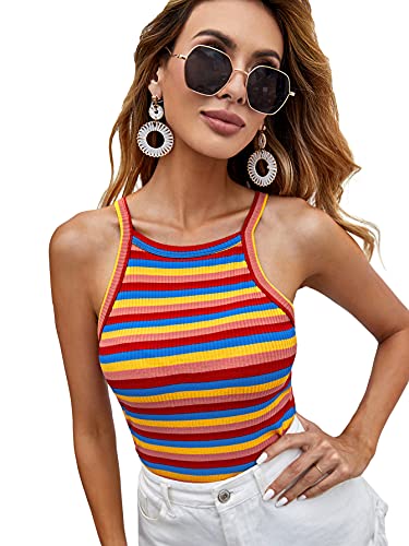 Milumia Women Casual Rainbow Striped Ribbed Knit Cami Top