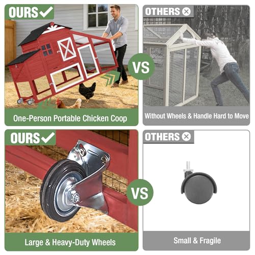 Image of Mobile Chicken Coop with Run, Large Wooden Hen House Poultry Cage with Wheels, Nesting Box, Pull-Out Tray, Waterproof Roof, Red, 73.4 inch L x 27.9 inch W x 43.2 inch H, for 3-5 Chickens