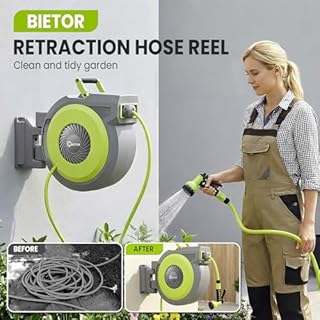 Bietor Avvolgitubo retrattile da giardino, montaggio a parete, avvolgitubo per acqua resistente, 40 m + 2 m, con ugello per tubo a 9 modelli, sistema di ritorno lento, blocco di qualsiasi lunghezza