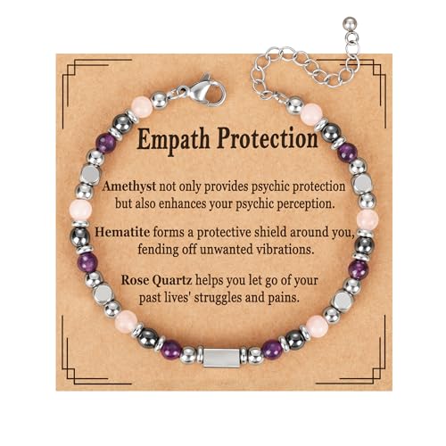 Image of Natural Healing Crystal Bracelet for Women, Triple Protection Anxiety Relief New Beginnings Good Luck Empath Protection Jewelry Gift for Friends Daughter Mom 6.5+1.8 Inches