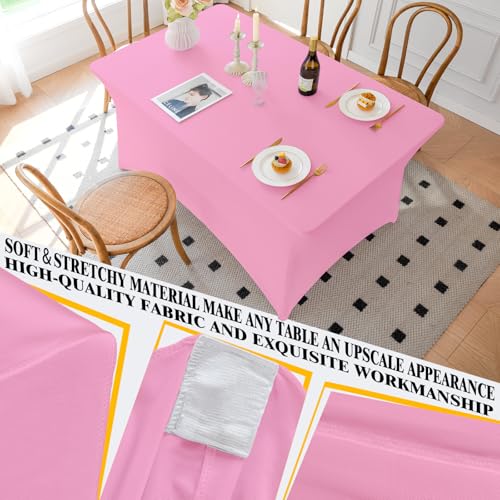 Famstar Table Cloth Pink 4FT Spandex Tablecloth for Rectangle Fitted Table Cloths Stretch Covers Washable Wrinkle Free Tablecloths for Festival Camping Picnic Wedding Party