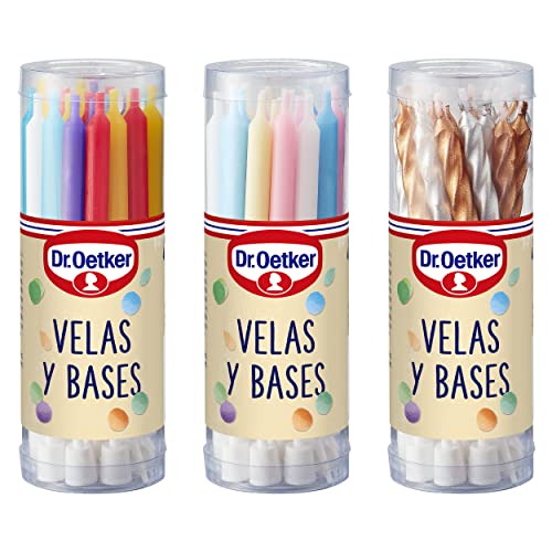 DR. OETKER - Velas y Bases 33 g, Kit con Velas y Bases para Decoración, Pack de 18 Velas, 3 Gamas de Colores Distintos, Versátiles y Reutilizables, para Personalizar Tartas y Pasteles