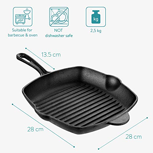 Navaris Cast Iron Griddle Pan - Pre-seasoned Cast Iron Grill Pan for Frying and Grilling Meat and Veg - Square Grilling Skillet - 28cm 2 Gallery Image