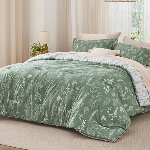 Image of Bedsure King Comforter Set - Green Bed Set, 3 Pieces Cute Floral Bedding, 1 Soft Reversible Botanical Flowers Comforter and 2 Pillow Shams